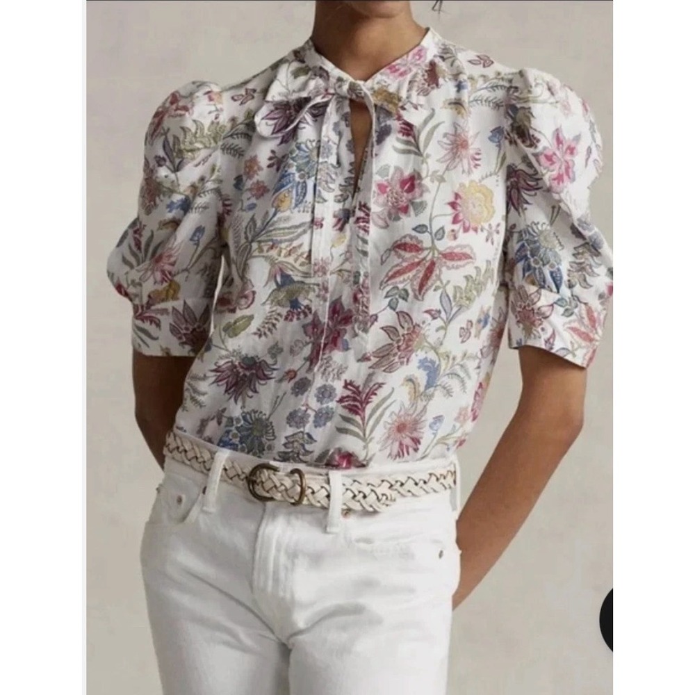 Polo Ralph Lauren Women's Linen Tie Neck Puff Sleeve Floral Blouse Top Size 4